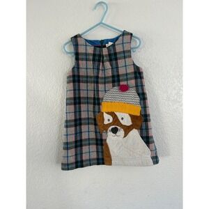 Mini Boden Girls Pink Green Plaid Wool Blend Dog Applique Jumper Dress 3-4Y